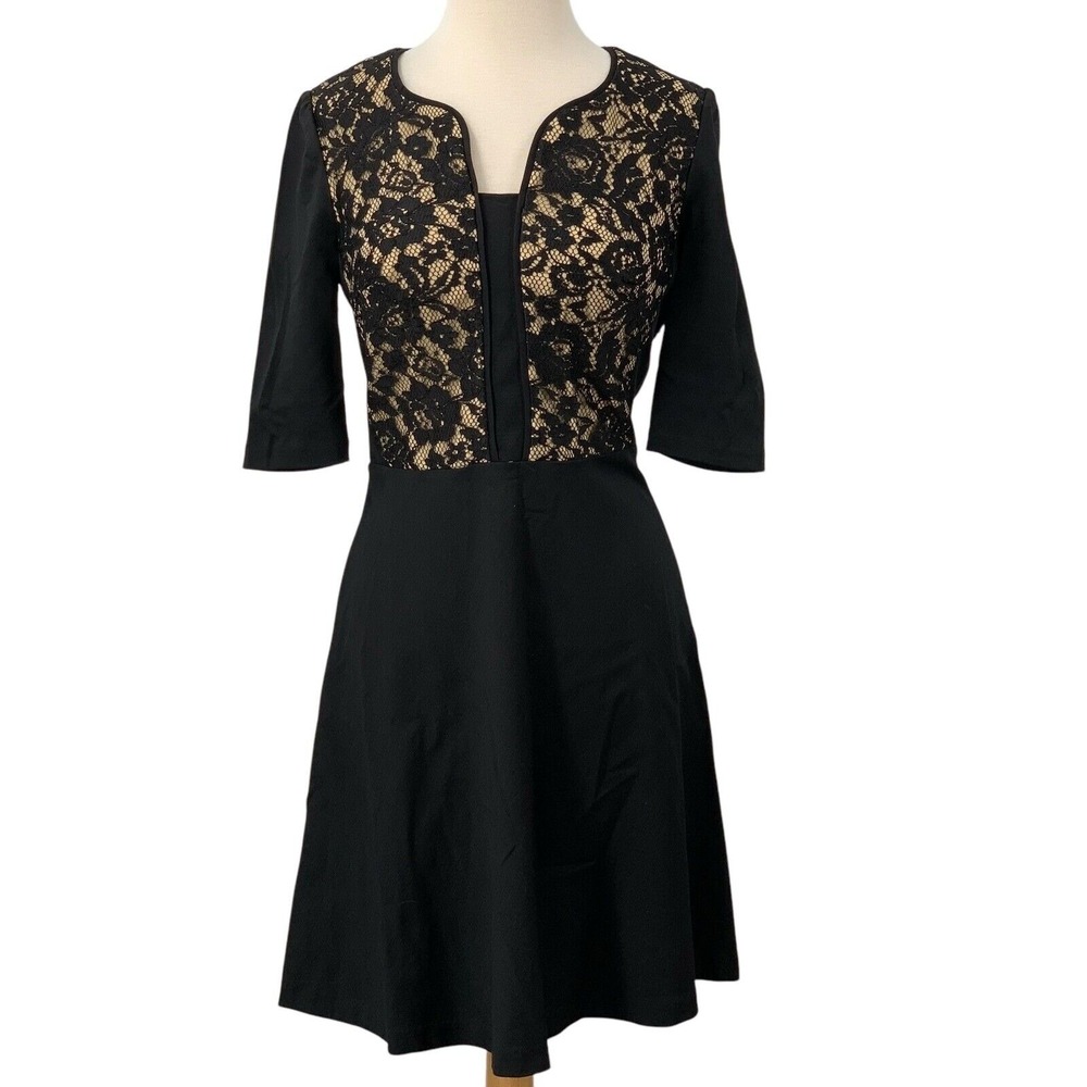 Betsey Johnson Womens 3/4 Sleeve Black/Beige Lace Overlay Dress Fit & Flare Sz 6